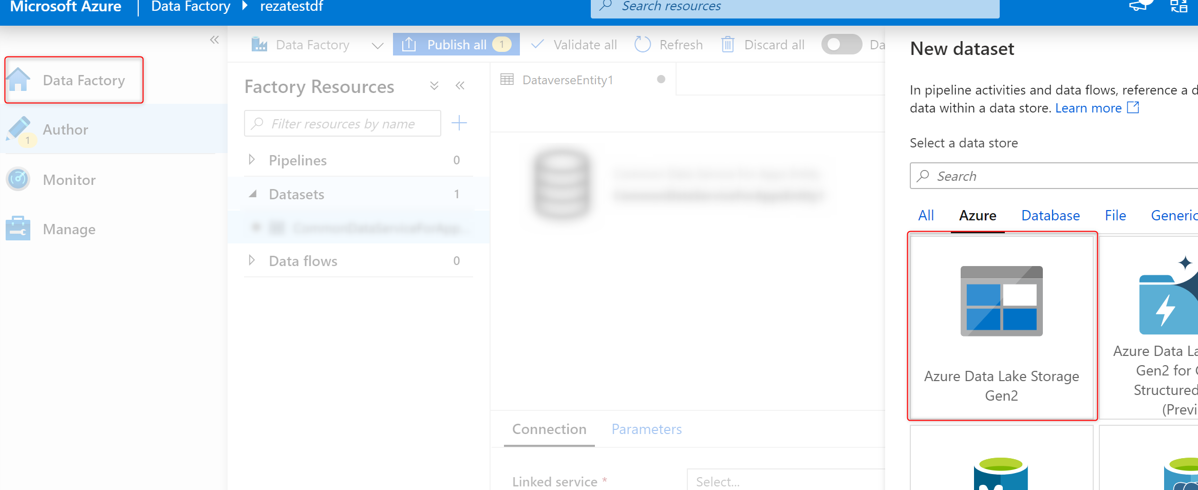 Captura de pantalla que muestra cómo usar la salida de flujos de datos de Power Platform en Data Lake Storage externo.