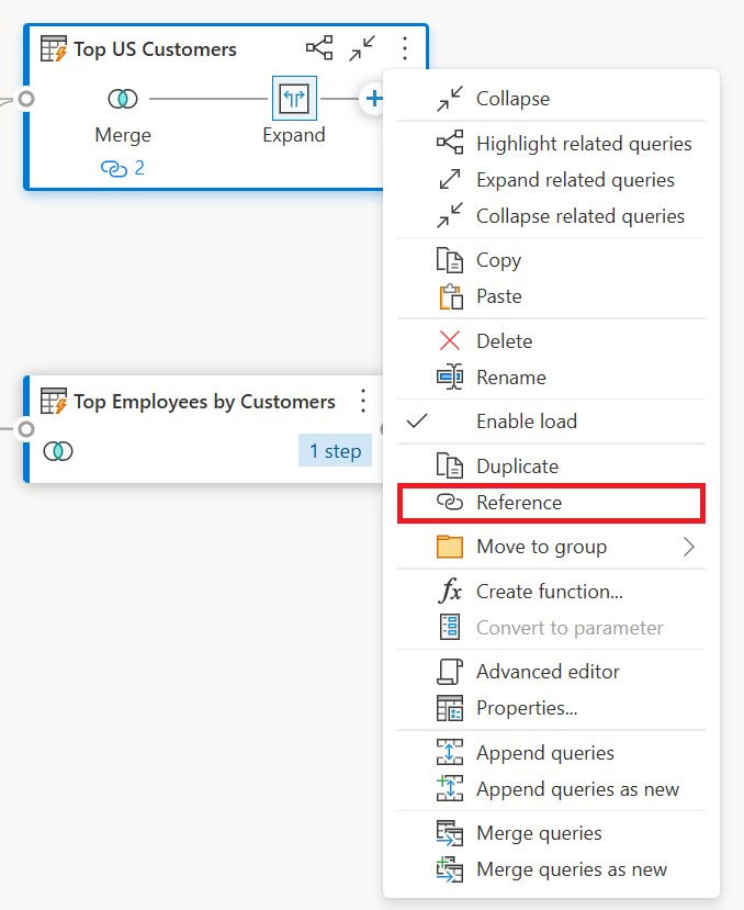 Captura de pantalla de la opción de referencia dentro del menú contextual de consulta resaltada.