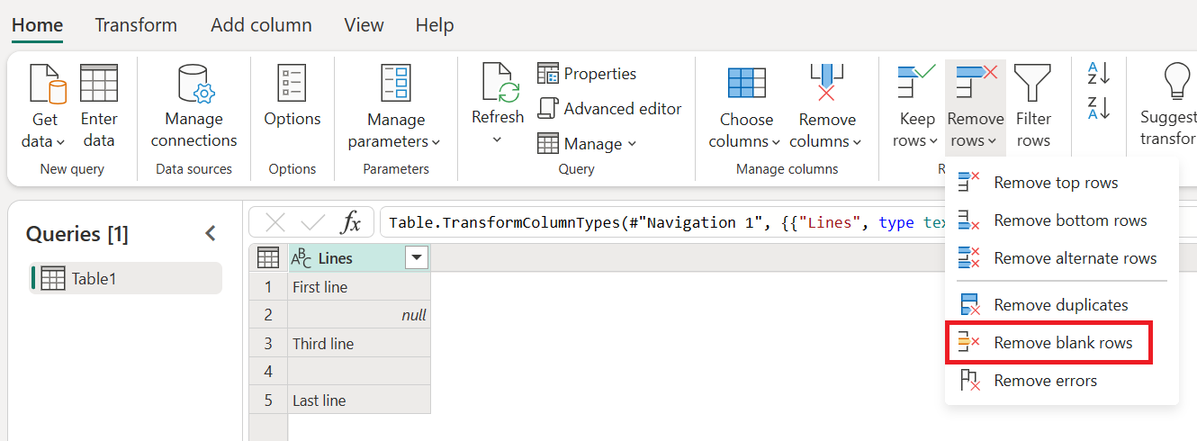 Captura de pantalla del menú Quitar filas de la pestaña Inicio con Quitar filas en blanco resaltadas.