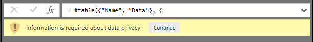 Captura de pantalla del mensaje de privacidad de Power Query.