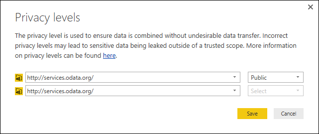 Captura de pantalla del cuadro de diálogo Niveles de privacidad donde se establece el nivel de privacidad del origen superior en Público.