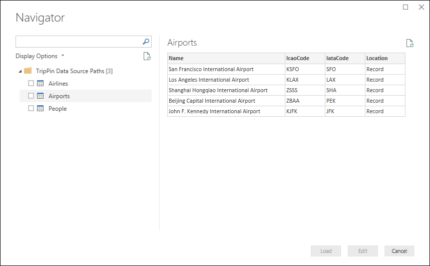 Captura de pantalla de la tabla de navegación devuelta por la función TripPin.Contents.