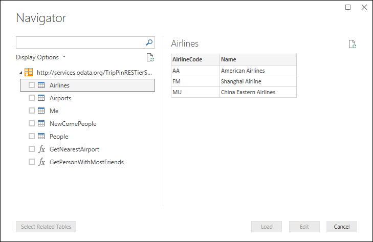Captura de pantalla del navegador de Power Query que se muestra al usar las funciones OData integradas.