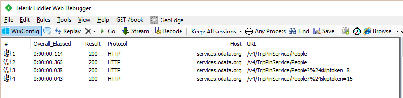 Captura de pantalla de la salida de Fiddler con solicitudes independientes para cada página de datos.