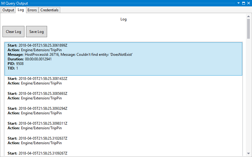Captura de pantalla de la etiqueta de registro en la salida de la consulta M con el mensaje de registro resaltado.