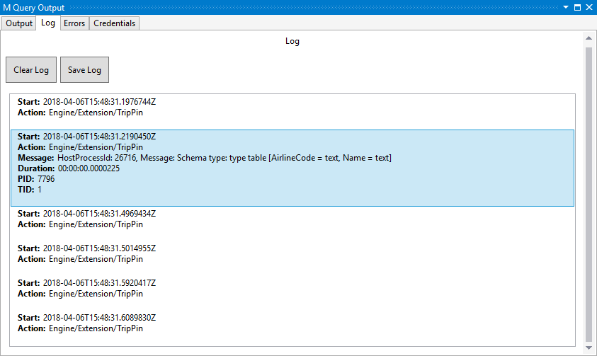Captura de pantalla de la salida de la consulta M que muestra el mensaje de tipo de esquema.