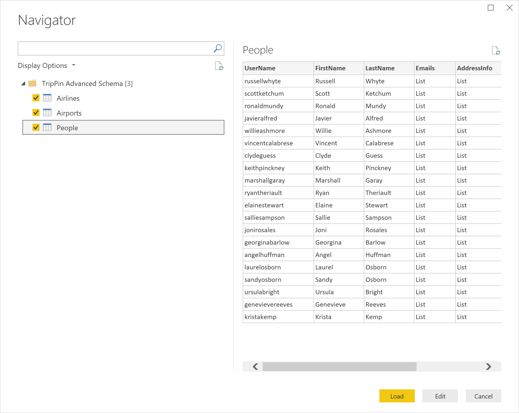 Captura de pantalla del navegador que muestra los datos de TripPin.