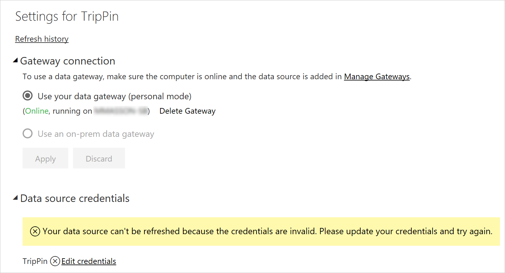Captura de pantalla del cuadro de diálogo Configuración de TripPin donde se realizan las selecciones.