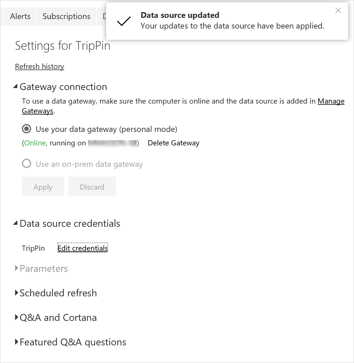 Captura de pantalla de la configuración de TripPin con el mensaje de configuración correcto mostrado.