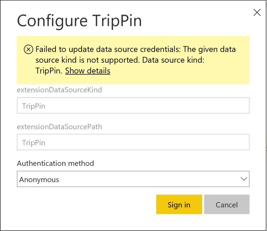 Captura de pantalla del cuadro de diálogo de Configuración de TripPin mostrando el error de credenciales del origen de datos.