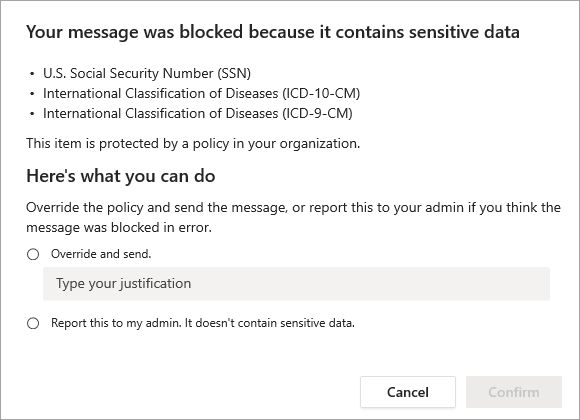 Captura de pantalla de las opciones para resolver el mensaje bloqueado.