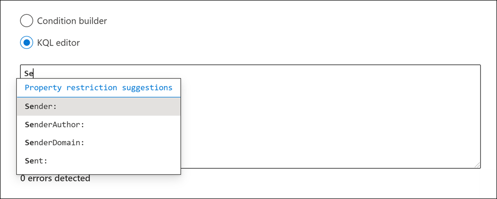 KeyQL editor sugiere propiedades admitidas