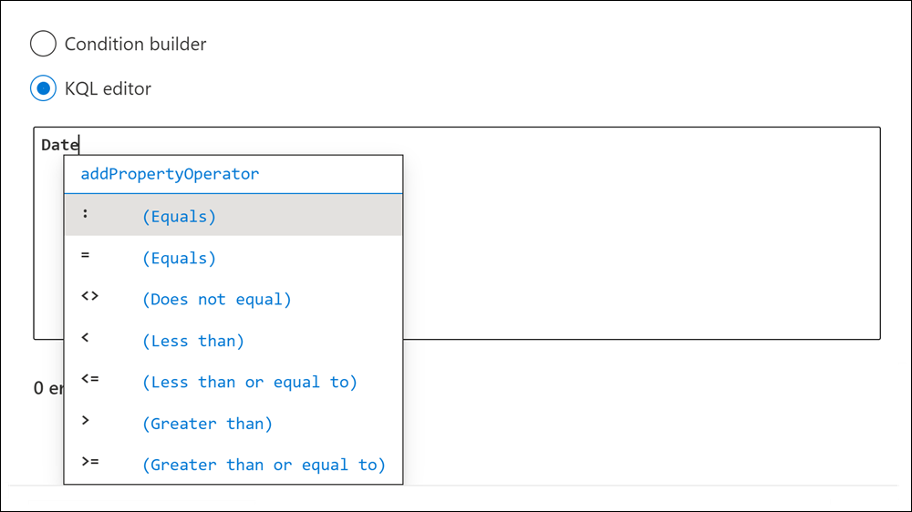KeyQL editor sugiere operadores