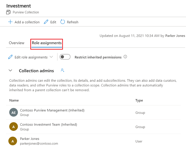 Captura de pantalla de la ventana de recopilación del portal de gobernanza de Microsoft Purview clásico, con la pestaña Asignaciones de roles resaltada.