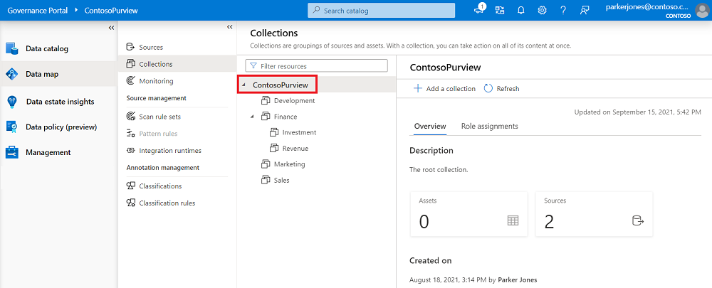 Captura de pantalla de la ventana clásica del portal de gobernanza de Microsoft Purview, abierta en el mapa de datos, con la colección raíz resaltada.