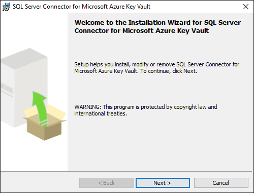 Captura de pantalla del asistente para instalación del Conector de SQL&nbsp;Server.