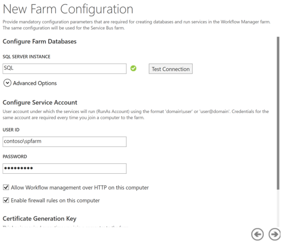 Captura de pantalla que muestra las opciones de configuración en el Asistente para configuración de sharePoint Administrador de flujos de trabajo.