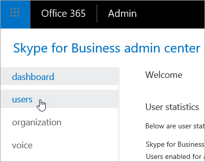 Muestra la selección de usuarios en el centro de administración de Skype Empresarial.