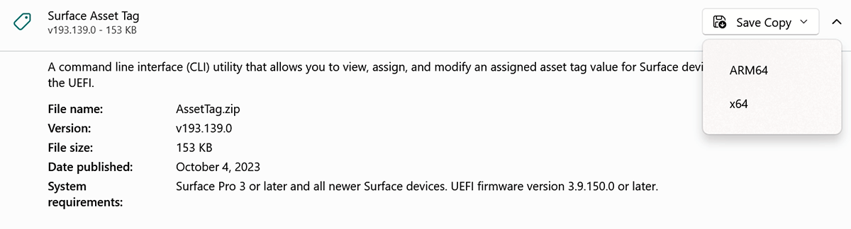 Captura de pantalla de la descarga de la etiqueta de recurso de Surface.