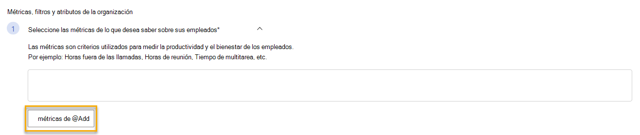 Captura de pantalla que muestra el botón Agregar métricas resaltado en la sección Seleccionar métricas de una consulta personalizada.