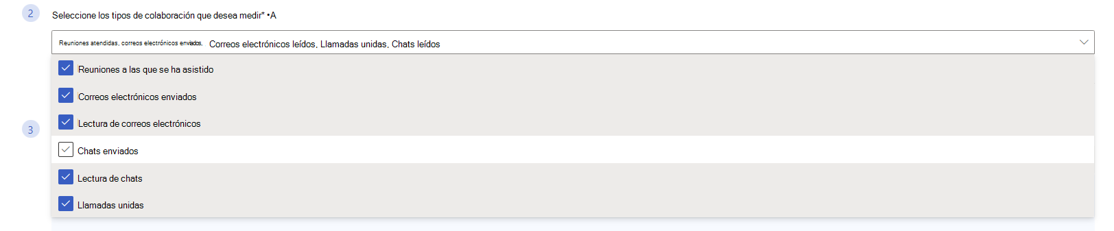 Captura de pantalla que muestra la lista desplegable de tipos de colaboración en el segundo paso del editor de métricas.