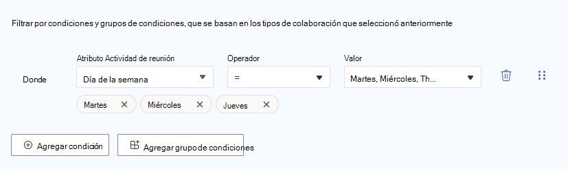 Captura de pantalla que muestra cómo establecer el atributo, el operador y el valor del día de la semana.
