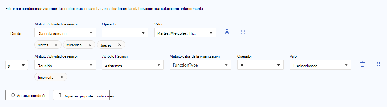 Captura de pantalla que muestra cómo establecer atributos, datos de la organización, operador y valor para El asistente a la reunión.