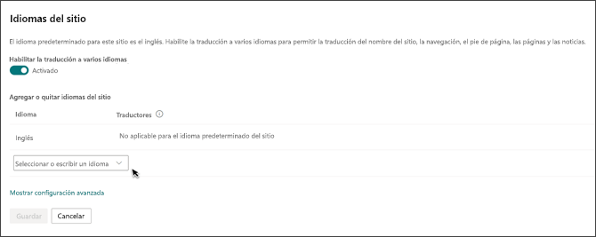 Imagen de la configuración multilingüe en el panel de configuración avanzada.