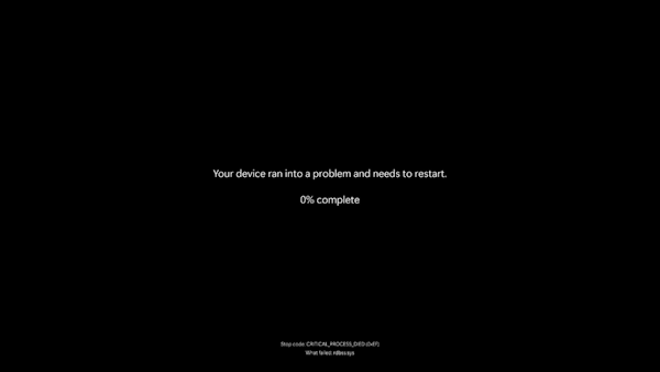 Captura de pantalla que muestra que el dispositivo encontró un problema y debe reiniciarse.