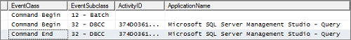 Captura de pantalla de los resultados de eventSubclass del generador de perfiles de DBCC SQL Server Analysis Services.