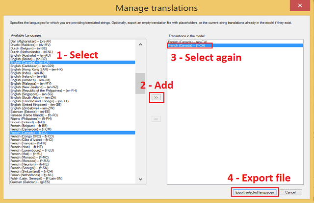 Captura de pantalla del cuadro de diálogo Administrar traducciones con cada uno de los pasos numerados de esta sección resaltados.
