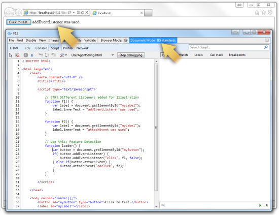 Running in “Document Mode: IE9 standards,” the bBrowser Uses the Modern addEventListener Method