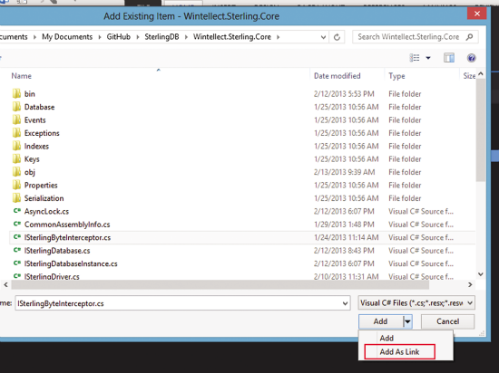 The Visual Studio 2012 Add As Link Feature