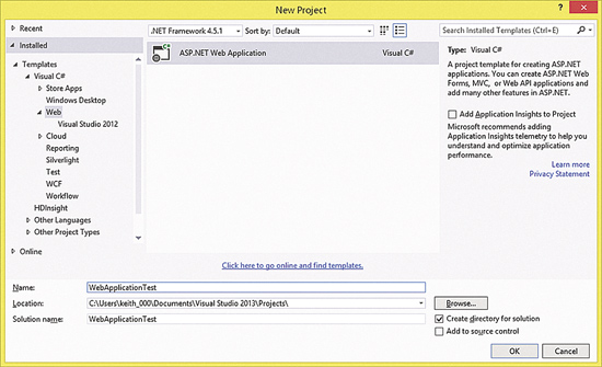 Diálogo Nuevo Proyecto de Visual Studio 2013 de la plantilla de aplicación web de ASP.NET