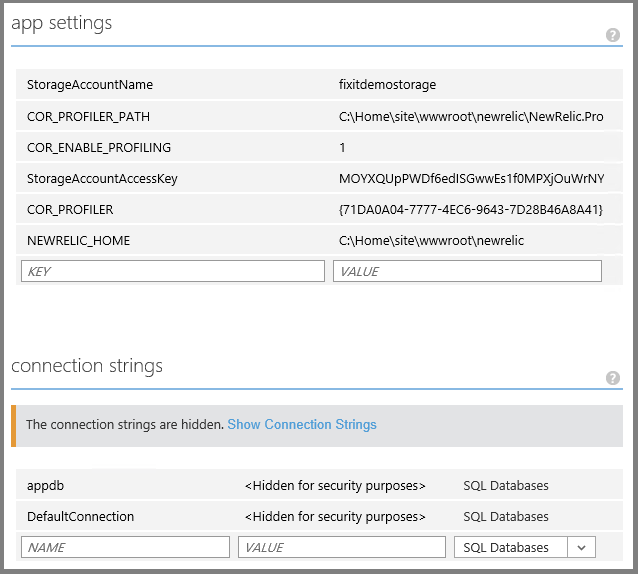 appSettings and connectionStrings in portal