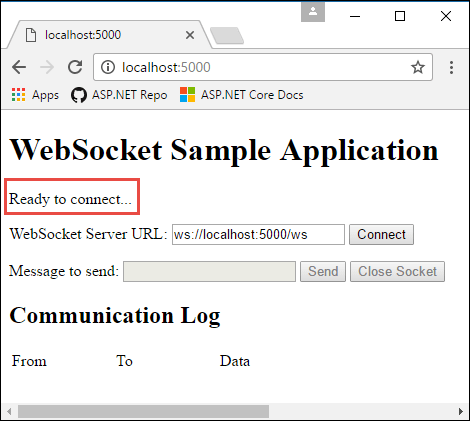 Estado inicial de la página web antes de la conexión de WebSockets