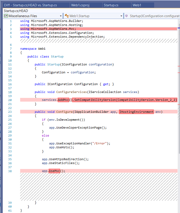 las líneas eliminadas y modificadas en la aplicación web Razor ASP.NET&nbsp;Core&nbsp;2.2
