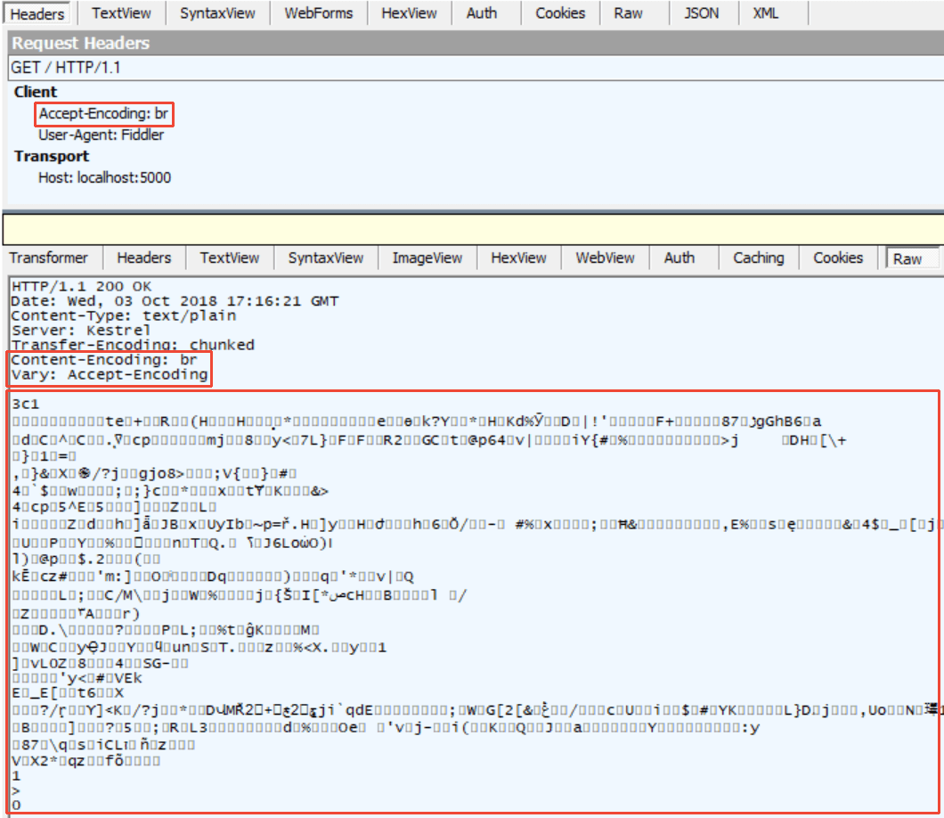 Ventana de Fiddler que muestra el resultado de una solicitud con el encabezado Accept-Encoding y un valor de br. Los encabezados Vary y Content-Encoding se agregan a la respuesta. La respuesta está comprimida.