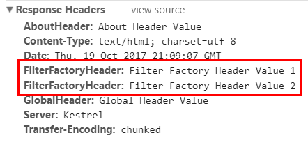 Los encabezados de respuesta de la página Acerca de muestran que se han agregado dos encabezados FilterFactoryHeader.