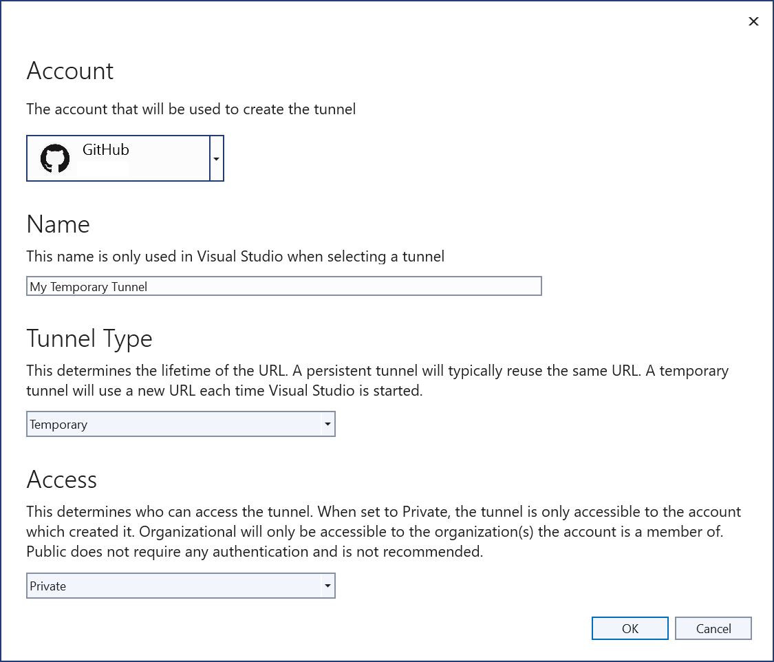 Cuadro de diálogo para crear túnel de desarrollo.