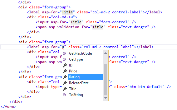 El desarrollador ha escrito la letra R para el valor del atributo de asp-for en el segundo elemento de etiqueta de la vista. Ha aparecido un menú contextual de IntelliSense que muestra los campos disponibles, incluido Rating, que se resalta en la lista automáticamente. Cuando el desarrollador hace clic en el campo o presiona Entrar en el teclado, el valor se establece en Rating.