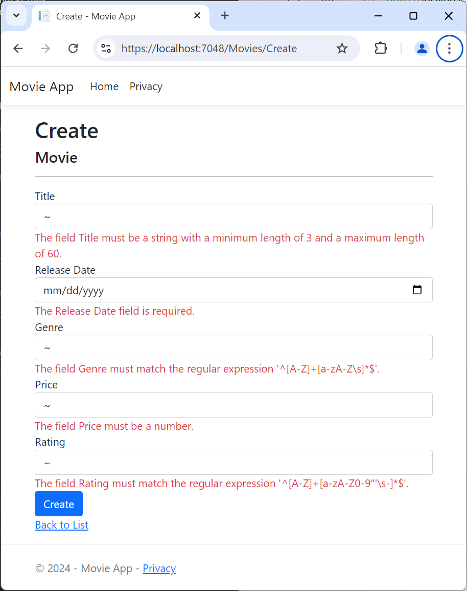 Formulario de vista de películas con varios errores de validación del lado cliente de jQuery