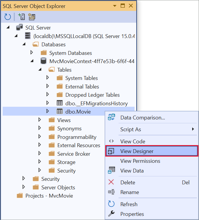 Haga clic con el botón derecho en la tabla Movie > Diseñador de vistas.