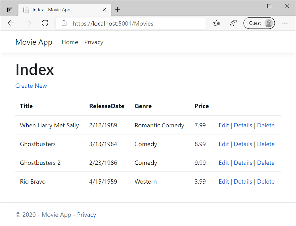 La aplicación Movie de MVC se abre en Microsoft Edge y muestra datos de la película