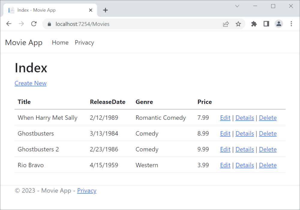 La aplicación Movie de MVC se abre en Microsoft Edge y muestra datos de la película