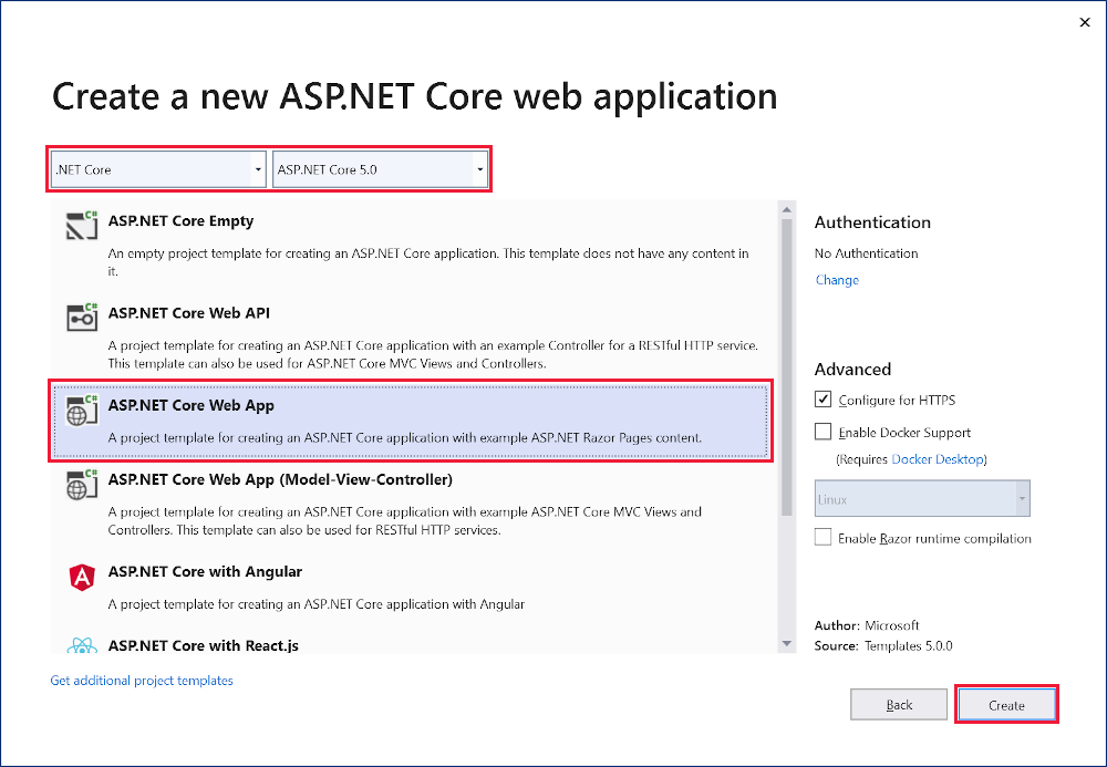 Selección de Aplicación web de ASP.NET Core