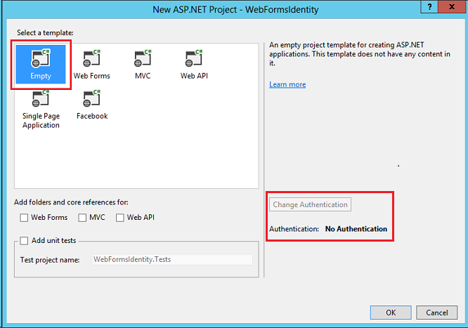 New A S P dot N E T project dialog window