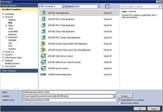 Screenshot of creating a web application in Visual Studio 2010.