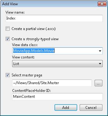 Screenshot of Add View box, which shows the View name, Index, and shows Create a strongly typed view and Select master page entries selected.