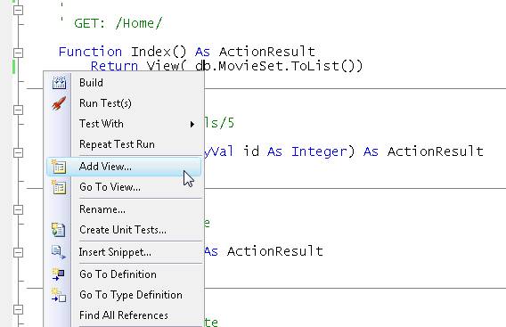 Screenshot of the code editor, which is showing the right click dropdown box with Add View selected.